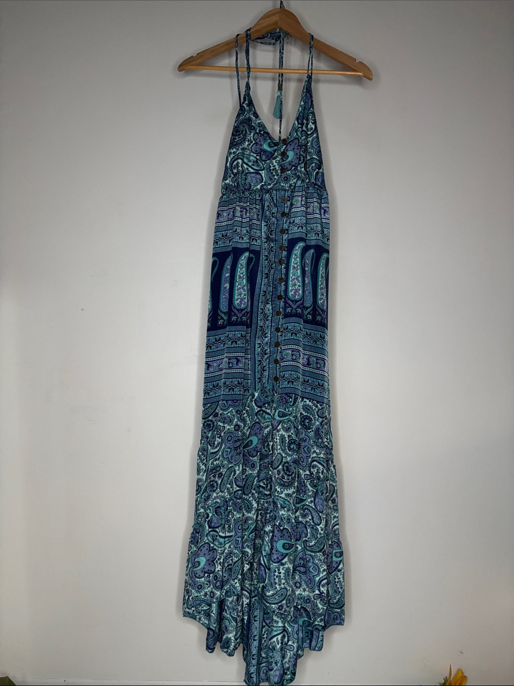 Anasta Sea Italian Paisley Maxi Halter Dress in Teal Blue Size M